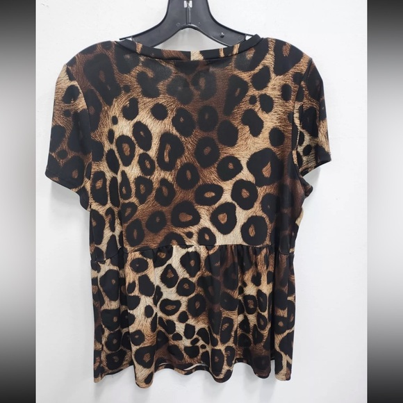 Diane Belle Womens Peplum Animal Print Top Large Brown Stretch Knit Short Sleeve - Picture 2 of 2